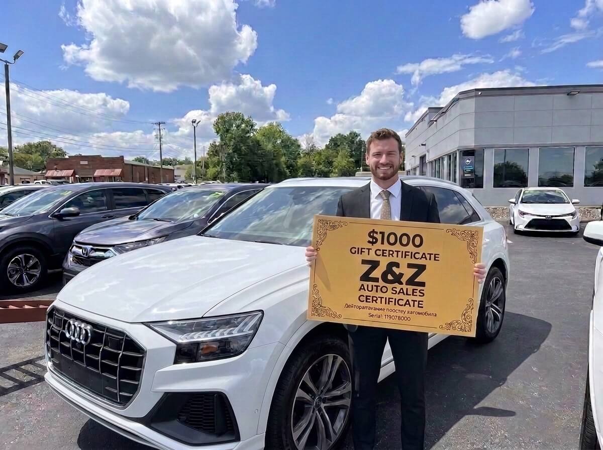 Elena Vasquez with her new sedan at ZZ Auto Sales